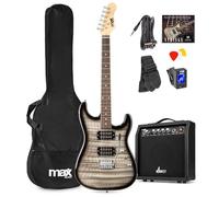 Max GigKit kit guitarra electrica Quilted para principiantes con amplificador de 40W, afinador digital, correa, funda, púas y juego de cuerdas de recambio - Color negro y gris