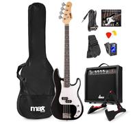 Max GigKit - Pack completo de bajo eléctrico negro con amplificador de 40W, funda, soporte, afinador, cuerdas y cable incluidos, ideal para principiantes, ensayos en casa o estudio