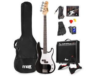 Max GigKit - Pack completo de bajo eléctrico negro con amplificador de 40W, funda, soporte, afinador, cuerdas y cable incluidos, ideal para principiantes, ensayos en casa o estudio