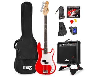 Max GigKit - Pack completo de bajo eléctrico rojo con amplificador de 40W, soporte, funda, afinador, cable y cuerdas, ideal para principiantes, práctica en casa, estudio o escuela de música.