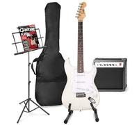 MAX GigKit - Pack guitarra eléctrica - Amplificador 40 W, altavoz 10'', overdrive, entrada AUX, soporte de suelo, atril, funda, afinador, cable, correa y accesorios, púas y cuerdas extra - Blanco