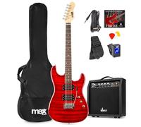 Max GigKit Quilted - Kit de guitarra eléctrica completo color rojo oscuro | Tapa de arce Quilted con 22 trastes y palanca trémolo, amplificador de 40W, incluye afinador, correa y cable de 3 m