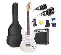 MAX GigKit + Vonyx WGS20 - Guitarra eléctrica 4/4 color blanco con UHF | Sistema inalámbrico UHF de 10 canales, amplificador de 40W, incluye funda, correa, cable y afinador digital de clip