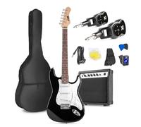 MAX GigKit + Vonyx WGS20 - Guitarra eléctrica 4/4 color negro con UHF | Sistema inalámbrico UHF de 10 canales, amplificador de 40W, incluye funda, correa, cable y afinador digital de clip