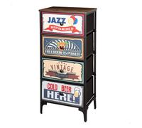 Max Home - Cómoda vintage dormitorio multiusos con gráficos retro, cajones de tela, estructura acero, tablero madera, muebles de salón, recibidores de entrada, cajonera, mueble recibidor, almacenaje,