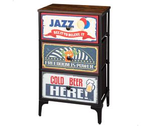 Max Home - Cómoda vintage dormitorio multiusos con gráficos retro, cajones de tela, estructura acero, tablero madera, muebles de salón, recibidores de entrada, cajonera, mueble recibidor, almacenaje,