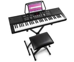 MAX KB15 - Pack de teclado eléctrico de 61 teclas para principiantes que incluye un soporte, auriculares, micrófono, banqueta y batería recargable. Ideal para todas las edades para aprender a tocar.