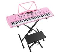 MAX KD61P - Piano infantil digital 61 teclas con soporte y banqueta, batería recargable, micrófono, grabación, display LED, ritmos y acordes, ideal teclado musical para niños y principiantes