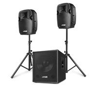 MAX MX700 - Sistema de Sonido Activo 700W con subwoofer 12”, 2 Altavoces 8”, micrófono, Soportes y cableado, Equipo de Sonido Profesional para Eventos, Fiestas y DJ, Altavoz Potente, Color Negro