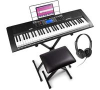 MAX Rhapsody61M Teclado Piano eléctrico de 61 teclas, con auriculares, soporte para teclado y banqueta, 600 sonidos, respuesta táctil, MP3 USB, pantalla, función de aprendizaje, MIDI y AUX