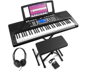 MAX Rhapsody61P Piano eléctrico Midi de 61 teclas, soporte de teclado, con auriculares, taburete y pedal de sustain, pantalla LCD, 40 canciones de demostración, función de aprendizaje, 300 sonidos