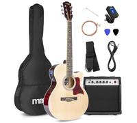 MAX Showkit Guitarra electroacustica incluye: cuerdas de acero de repuesto, amplificador, funda, afinador, dos puas y correa, Color madera clara