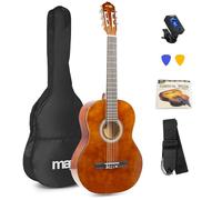 MAX SoloArt - Guitarra clásica española color madera oscura 4/4 | Para principiantes adultos, cuerdas de nailon, incluye funda, afinador, correa y una púa de repuesto completa extra y variado