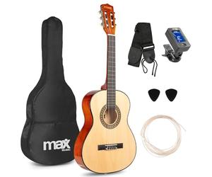 MAX SoloArt Junior 3/4 - Guitarra Española Infantil para niños de 8 a 12 años, Guitarra Clásica para Niños y Niñas, Funda, Afinador, Correa, Cuerdas de Nylon y púas para principiantes, Color madera