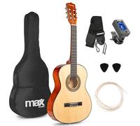 MAX SoloArt Junior 3/4 - Guitarra Española Infantil para niños de 8 a 12 años, Guitarra Clásica para Niños y Niñas, Funda, Afinador, Correa, Cuerdas de Nylon y púas para principiantes, Color madera