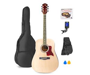 MAX SoloJam Guitarra Acústica Madera Natural - Set de Iniciación con Funda, Afinador, Correa, Púas y Cuerdas de Repuesto de Acero. Todo lo necesario para empezar a tocar desde cero fácilmente