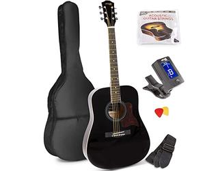 MAX SoloJam Pack de Iniciación Guitarra Acústica Color Negro con Funda, Afinador Digital, Correa de Hombro, Púas y Cuerdas de Repuesto - Todo lo Necesario para Empezar a Tocar desde Cero