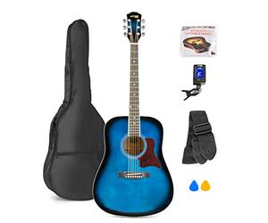 MAX SoloJam Set Guitarra Acústica Color Azul con Funda, Afinador, Correa, Púas y Juego de Cuerdas de Repuesto - Pack Musical para Aprender a Tocar Desde Cero, Ensayar o Regalar a Principiantes