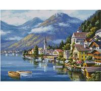 max stitch Lakeside Village - Kit de punto de cruz, 14 quilates, hilo de algodón egipcio de 300 x 214, 64 x 49 cm, kit de punto de cruz