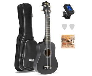 MAX UKEY Set de Ukelele soprano fabricado en madera de Tilo - ukelele adulto Incluye: guitarra ukelele de madera de 21 pulgadas, bolsa de ukulele, púas, afinador y cuerdas de repuesto - Color Negro