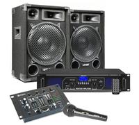 MAX12 DJ - Kit completo de instalación PA (1400 W, 2 altavoces de 12 pulgadas, incluye amplificador, consola de mezclas y micrófono, reproductor MP3 USB/SD, entradas AUX y fono, sistema de música