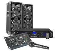 MAX26 PA - Juego completo de altavoces con amplificador, mezclador y micrófonos, juego de karaoke, mesa de mezclas con cajas, juego completo de altavoces y altavoces (1200 W), color negro