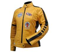MAXATTIRE Chaqueta de piel amarilla inspirada en la icónica película para mujer, parches acolchados de primera calidad, ropa de abrigo de carreras