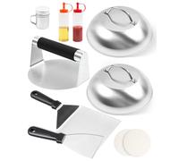 MaxAwe Juego de 10 hamburguesas de acero inoxidable con 2 cubiertas para untar, 2 espátulas para parrilla, 2 botellas exprimibles, prensa de hamburguesas, coctelera de especias y 100 discos, juego de