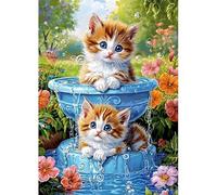 MAXBYE 5D Diamond Painting Kit Completo Adultos, Dos Gatitos Pintura Diamante Animal, Fuente & Flores Diamond Painting Art Punto de Cruz Cristal Para Decoración de Pared Hogar Regalo 30x40cm
