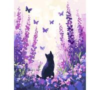 MAXBYE Gato Negro Pintar por Numeros Adulto, Flores Moradas Kit de Pintura por Números para Principianti al óleo de Lienzo DIY, Paint by Number Kits Regalo Decoración Hogar 40x50cm