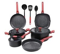 MAXELLPOWER Juego de bateria de cocina 12 Piezas Aluminio Forjado con Inducción, Sartenes, Cacerolas, Parrilla, Tapas de Silicona y Utensilios, Revestimiento Antiadherente, Apto todas las cocinas