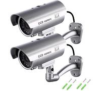 Maxesla - Cámara de seguridad falsa con luces LED iluminadas, 2 unidades, sistema de vigilancia de aspecto realista, sistema de vigilancia para interiores y exteriores, impermeable + adhesivo de advertencia