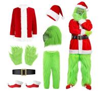 MAXHJX Disfraz de Monstruo Verde de Navidad para Adultos: Disfraz de Monstruo Verde de 7 Piezas con Máscara - Disfraz de Lujo de Papá Noel para Cosplay Halloween Carnaval y Fiestas de Navidad