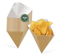 MAXI PRODUCTS - 100 Envases Cono Cartón Kraft con Salsera - 21,5 x 27 cm - Capacidad 700 cc - Antigrasa y Resistente a Aceites - Doble Capa Aislante - Aperitivos y Catering - LISTO PARA USAR
