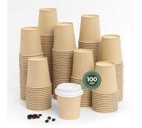 Maxi Products - 100 Vasos Cartón Kraft + Tapa Blanca - 200 cc (7 oz) - Vasos Desechables para Café para Llevar - Reciclables - Apto Alimentos Calientes - TAKE AWAY