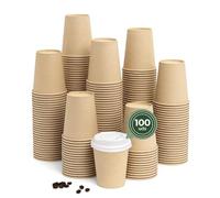 Maxi Products - 100 Vasos Cartón Kraft + Tapa Blanca - 250 cc (8 oz) - Vasos Desechables para Café para Llevar - Reciclables - Apto Alimentos Calientes - TAKE AWAY