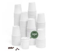 Maxi Products - 200 Vasos Cartón Blanco + Tapa Blanca - 120 cc (4 oz) - Vasos Desechables para Café para Llevar - Reciclables - Apto Alimentos Calientes - TAKE AWAY