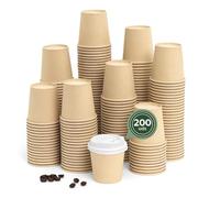 Maxi Products - 200 Vasos Cartón Kraft + Tapa Blanca - 120 cc (4 oz) - Vasos Desechables para Café para Llevar - Reciclables - Apto Alimentos Calientes - TAKE AWAY