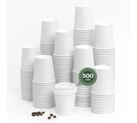 Maxi Products - 500 Vasos Cartón Blanco + Tapa Blanca - 200 cc (7 oz) - Vasos Desechables para Café para Llevar - Reciclables - Apto Alimentos Calientes - TAKE AWAY