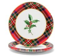 MAXI PRODUCTS - 8 Unidades - Plato Cartón Desechable Navidad Tartán y Acebo - Ø 18 cm - Platos, Vasos, Servilletas y Mantel - Decoración Mesa Navideña - Diseño Tartán - Celebraciones de Navidad