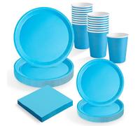 MAXI PRODUCTS - Set Vajilla Desechable Fiesta 20 Personas Azul - 114 piezas - Vasos Cartón 270 cc + Platos Cartón Ø17 y Ø20,5 cm + Servilletas Papel 25x25 cm - Menaje para Cumpleaños y Eventos