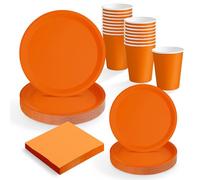 MAXI PRODUCTS - Set Vajilla Desechable Fiesta 20 Personas Naranja - 114 piezas- Vasos Cartón 270 cc + Platos Cartón Ø17 y Ø20,5 cm + Servilletas Papel 25x25 cm - Menaje para Cumpleaños y Eventos