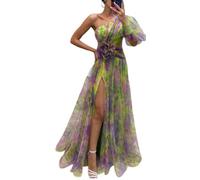 DSAoTeng Vestido largo de verano de un hombro, malla plisada con nudo floral, verde