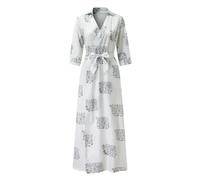 Maxi Vestidos Camiseros para Mujer Vestidos Vintage con Estampado De Lunares Y Rayas Vestido Informal con Solapa Vestido De Una Línea para Mujer De Oficina De Otoño-Blanco-L