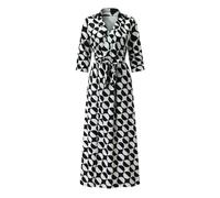 Maxi Vestidos Camiseros para Mujer Vintage Rayas Puntos Estampado De Lunares Vestidos Casual Solapa Vestido De Verano Otoño Oficina Señora Una Línea Vestido Bata-Gris-L