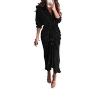 Maxi Vestidos para Mujer Otoño de Manga Larga con Cuello de Solapa y Botones Elegante Vestido de Camisa de Verano Fruncido con cinturón de satén (Negro,XL)