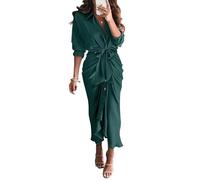 Maxi Vestidos para Mujer Otoño de Manga Larga con Cuello de Solapa y Botones Elegante Vestido de Camisa de Verano Fruncido con cinturón de satén (Verde Oscuro,M)