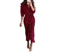 Maxi Vestidos para Mujer Otoño de Manga Larga con Cuello de Solapa y Botones Elegante Vestido de Camisa de Verano Fruncido con cinturón de satén (Vino Rojo Oscuro,L)