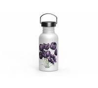 MAXIKIWI - Botella de acero inoxidable de una sola pared con tapa de rosca y asa, sin aislamiento, ligera, sin BPA, a prueba de fugas, acuarela tulipán negro, 500 ml