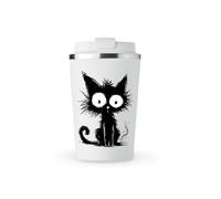 MAXIKIWI - Taza aislada de acero inoxidable de doble pared, a prueba de fugas, vaso de viaje para café o té con tapa, mantiene las bebidas calientes y frías, gato negro caprichoso, 350 ml